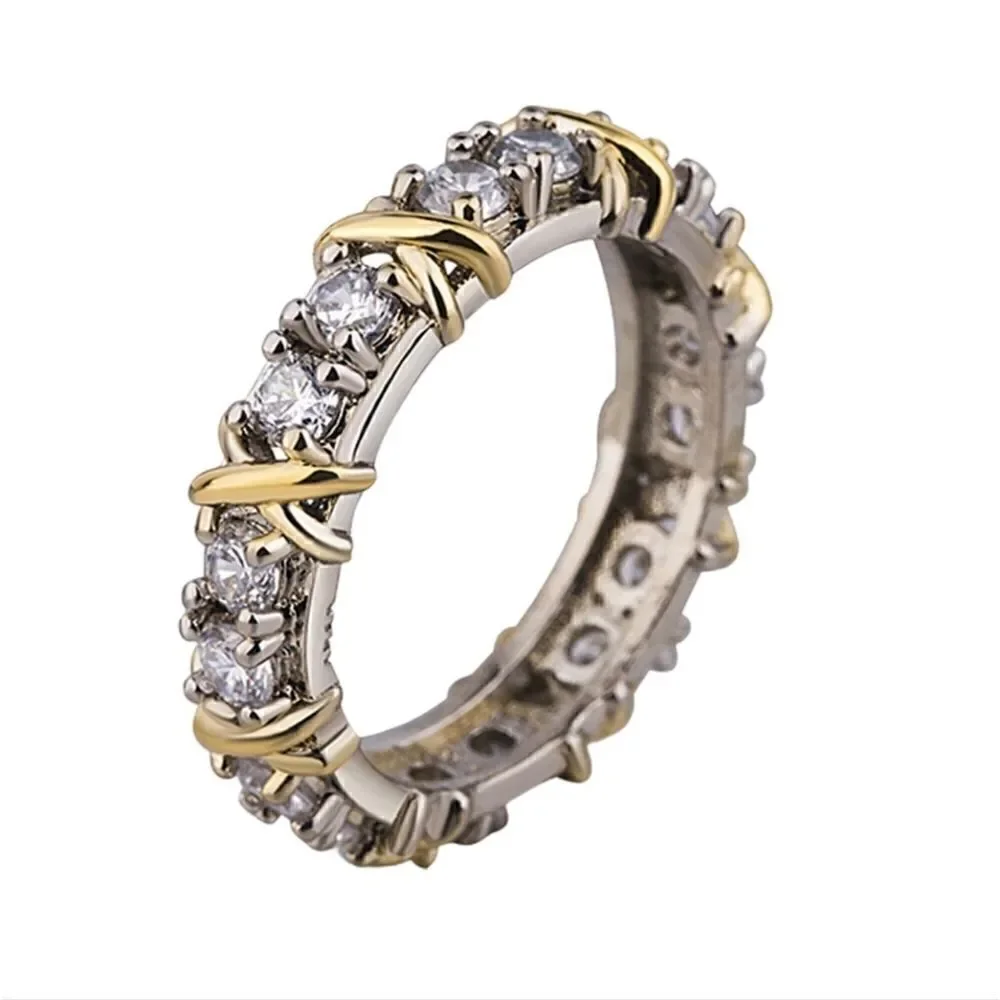 Exquisite Dual Color X Ring Platinum Plated Rhinestone Women Jewelry Accessories